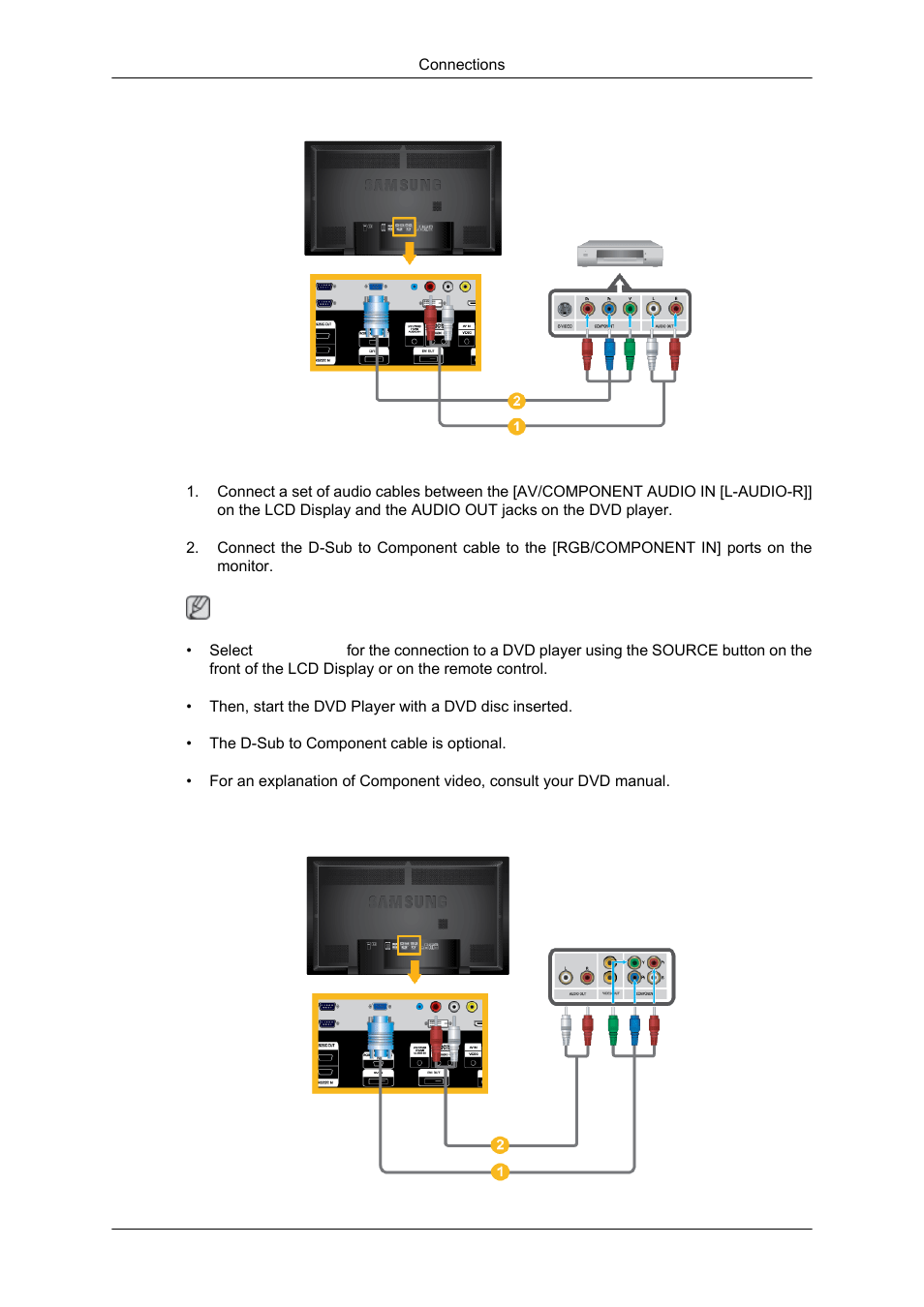 Connecting a dvd player, Connecting a dtv set top (cable/satellite) box | Samsung 650TS User Manual | Page 22 / 29