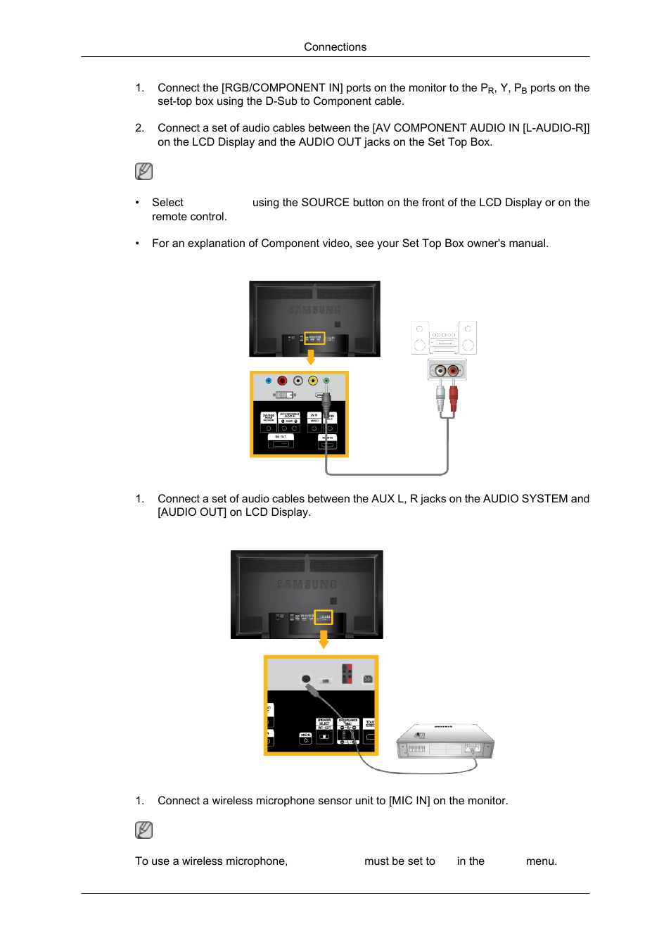 Connecting to an audio system, Connecting a wireless microphone | Samsung 650TS User Manual | Page 23 / 29