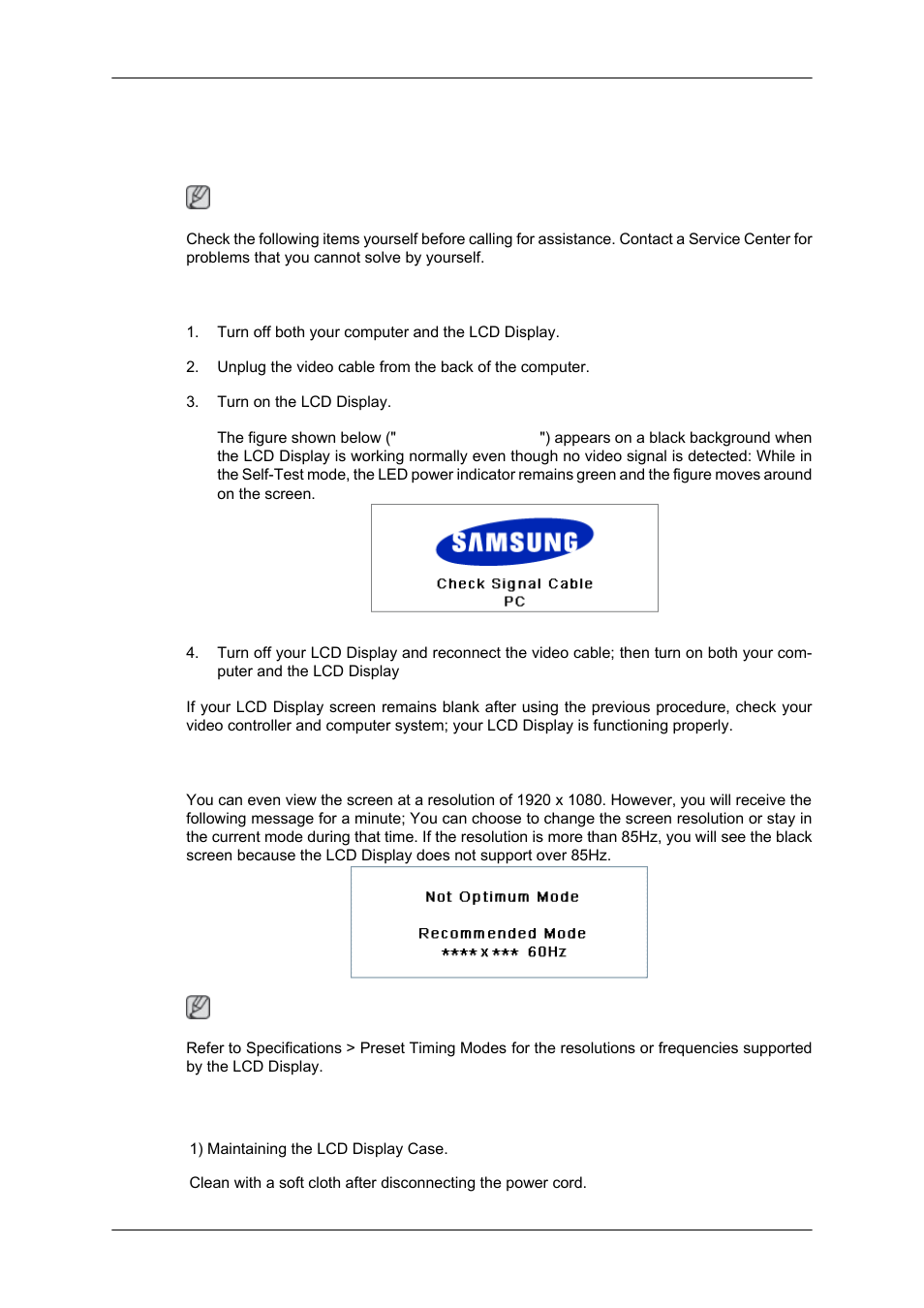 Troubleshooting, Self-test feature check, Warning messages | Maintenance and cleaning | Samsung 650TS User Manual | Page 24 / 29