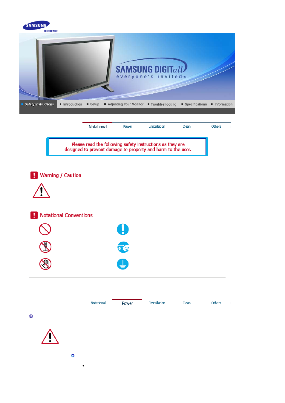 Safety instructions, Notational, Power | Samsung 403Tn User Manual | Page 2 / 112