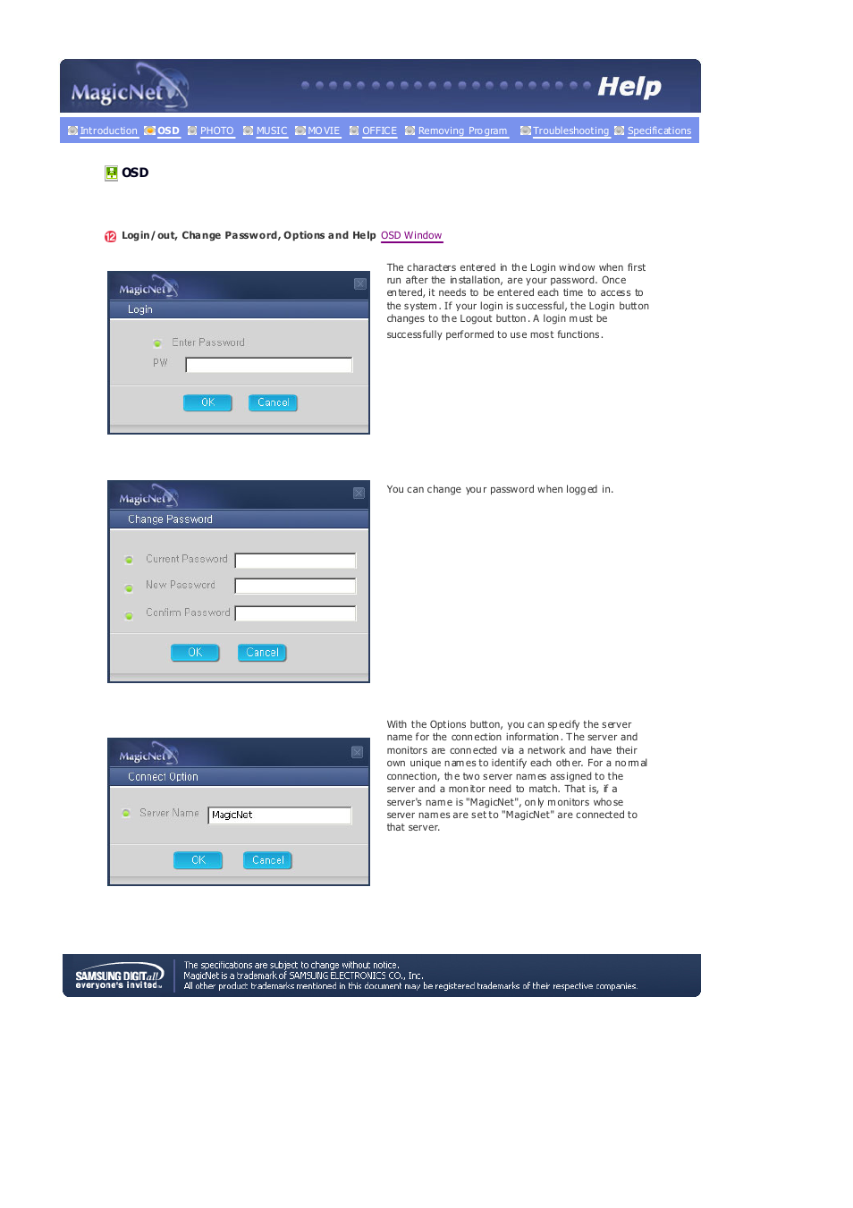 Login/out, change password, options and help | Samsung 403Tn User Manual | Page 77 / 112