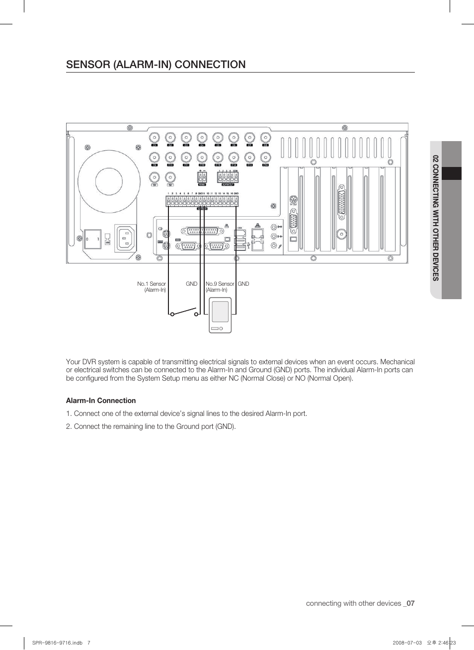 Sensor (alarm-in) connection | Samsung SHR-9716 User Manual | Page 11 / 97