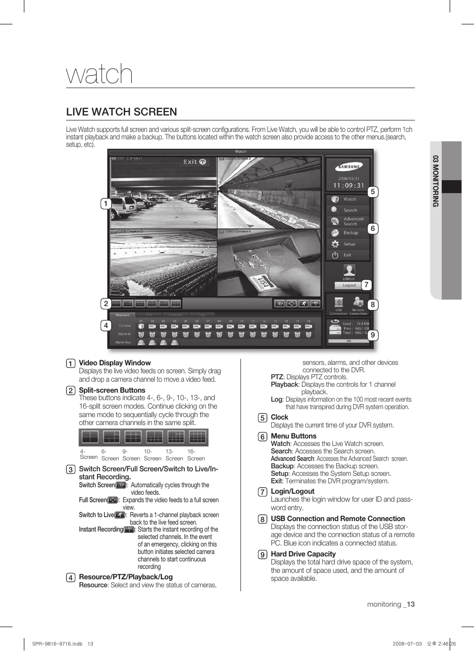 Watch, Live watch screen | Samsung SHR-9716 User Manual | Page 17 / 97