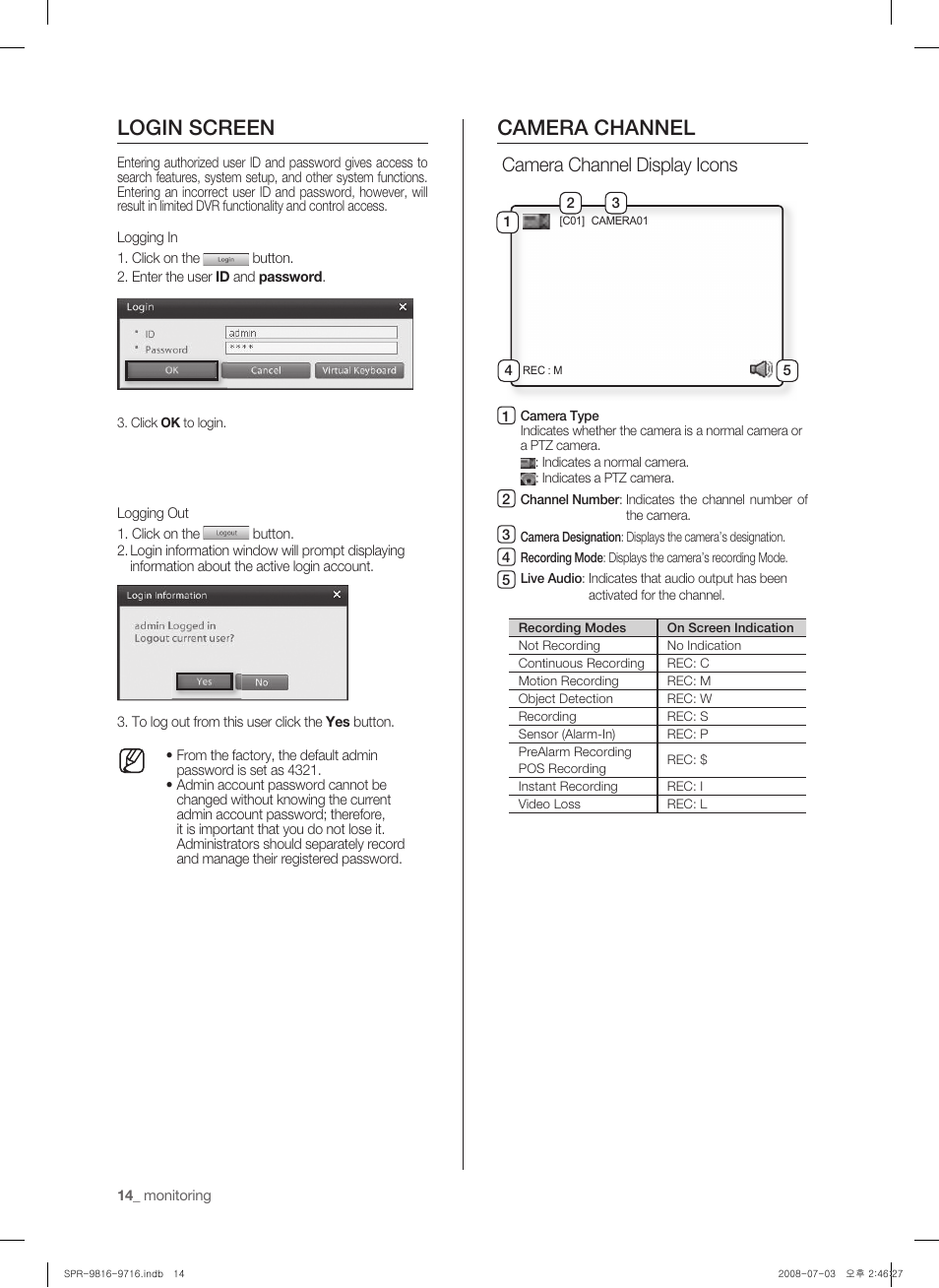 Login screen, Camera channel, Camera channel display icons | Samsung SHR-9716 User Manual | Page 18 / 97