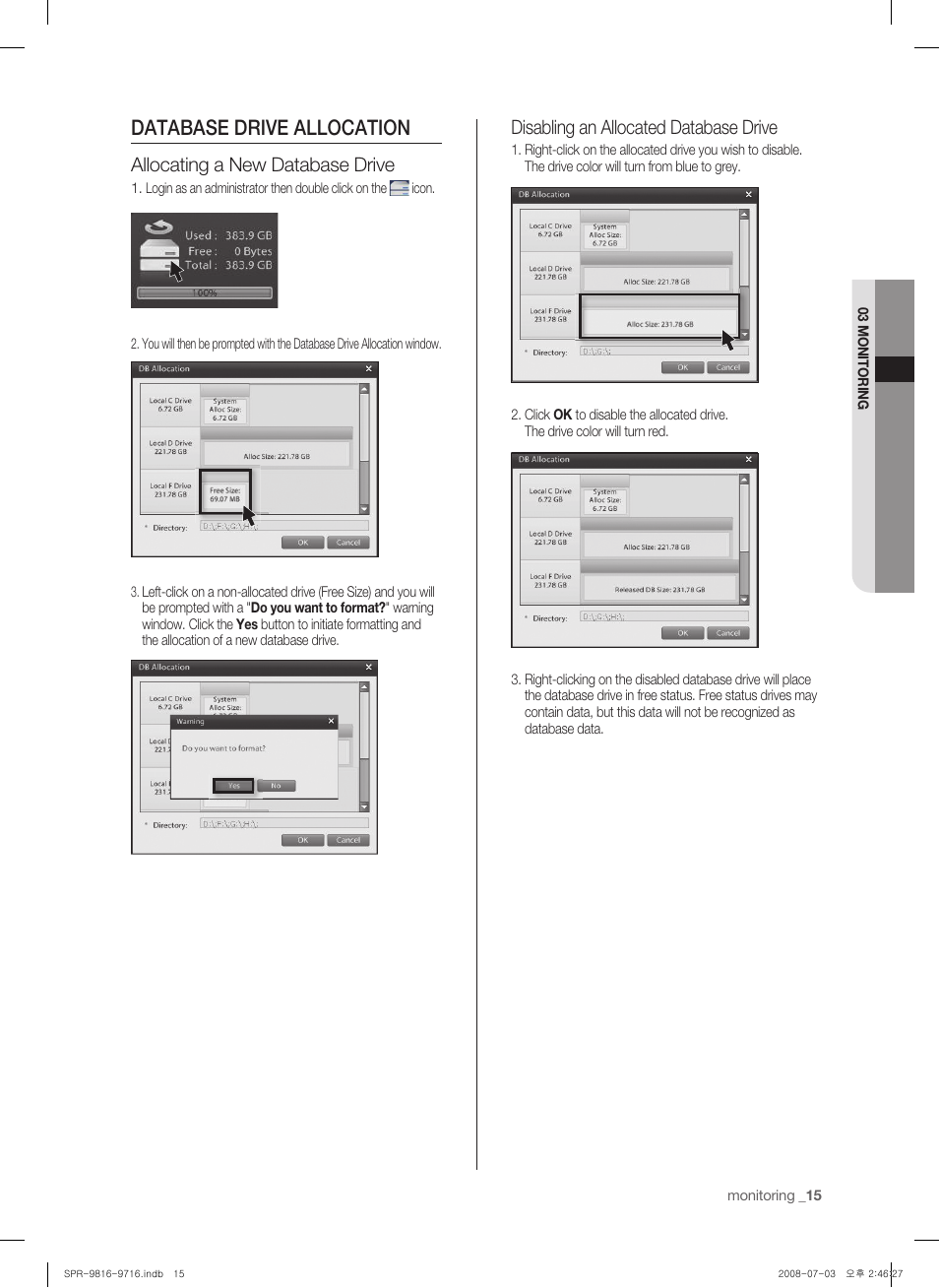 Database drive allocation, Allocating a new database drive, Disabling an allocated database drive | Samsung SHR-9716 User Manual | Page 19 / 97