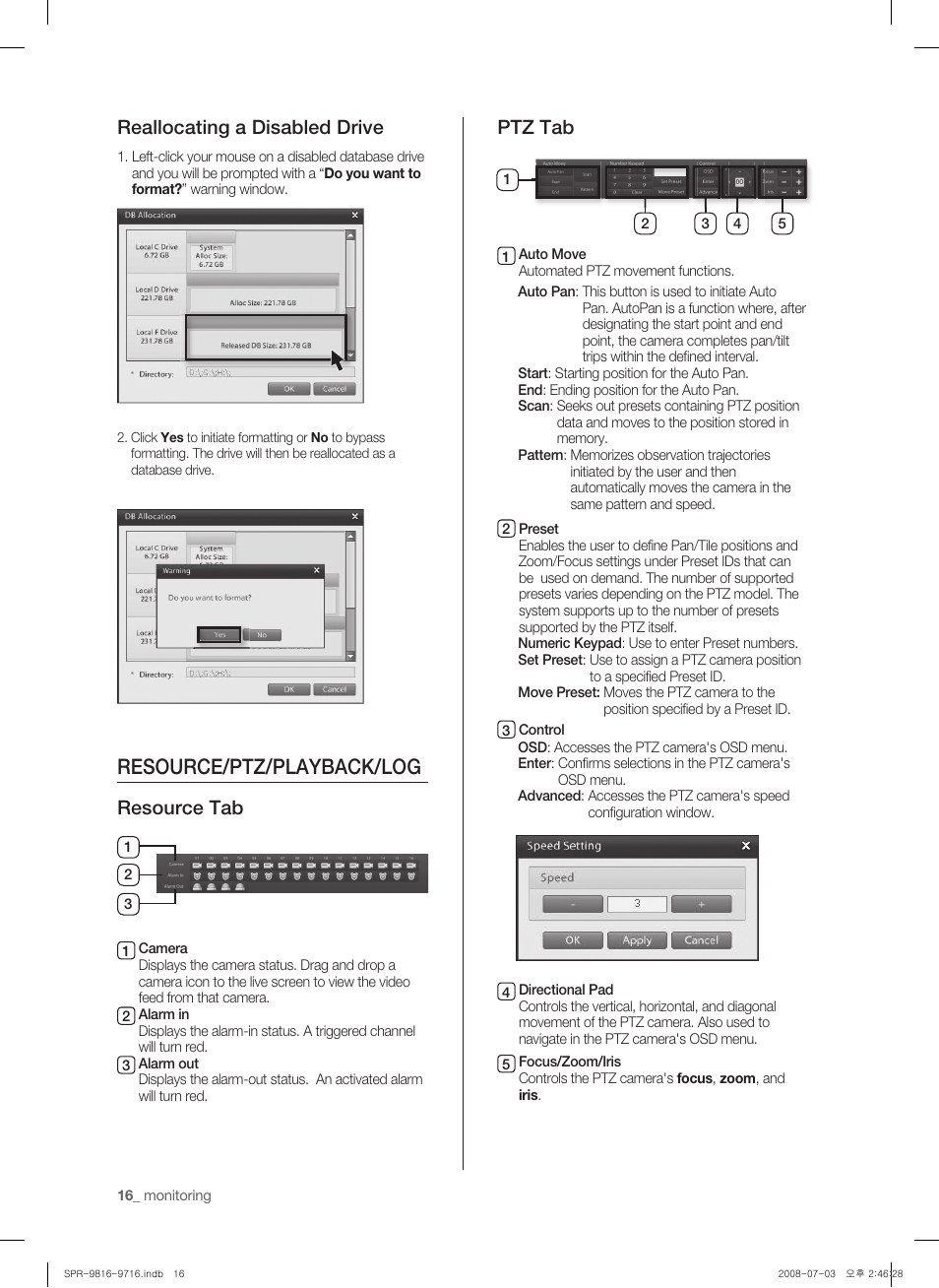 Resource/ptz/playback/log, Reallocating a disabled drive, Resource tab | Ptz tab | Samsung SHR-9716 User Manual | Page 20 / 97