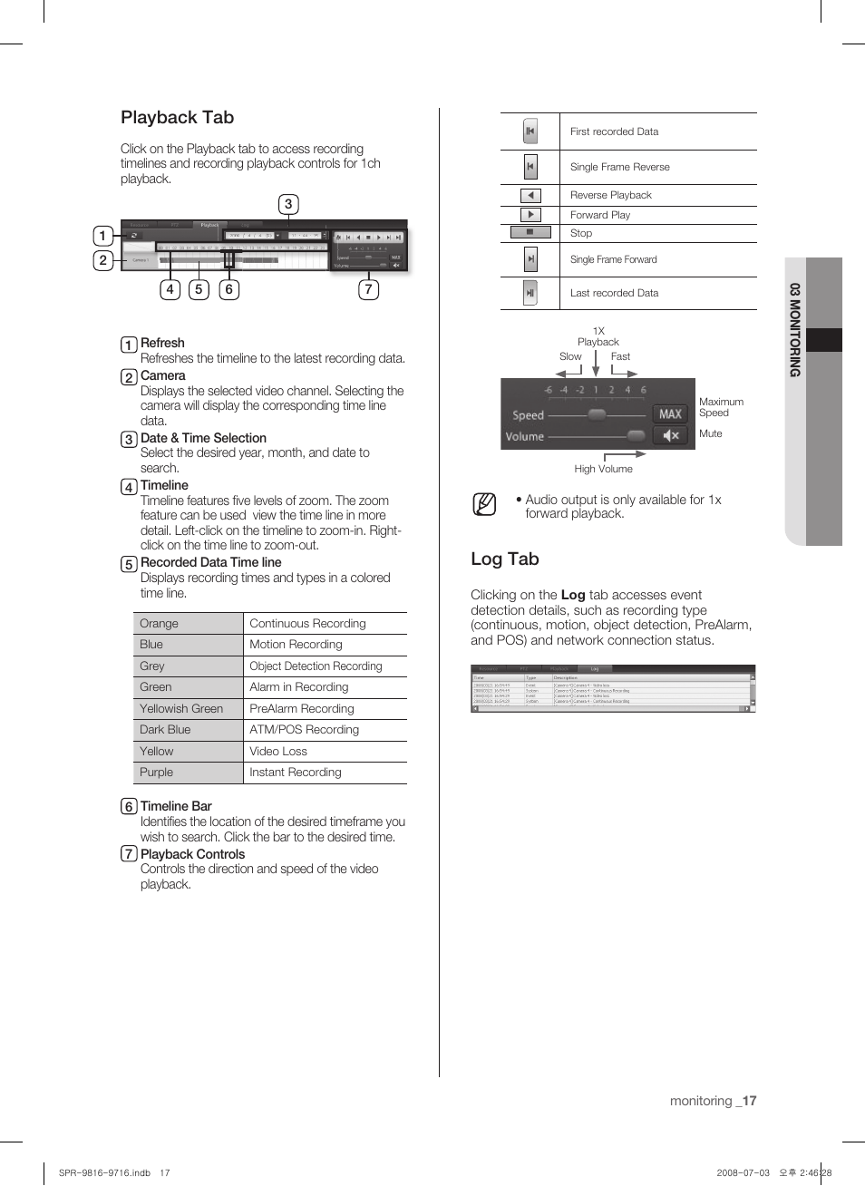 Playback tab, Log tab | Samsung SHR-9716 User Manual | Page 21 / 97