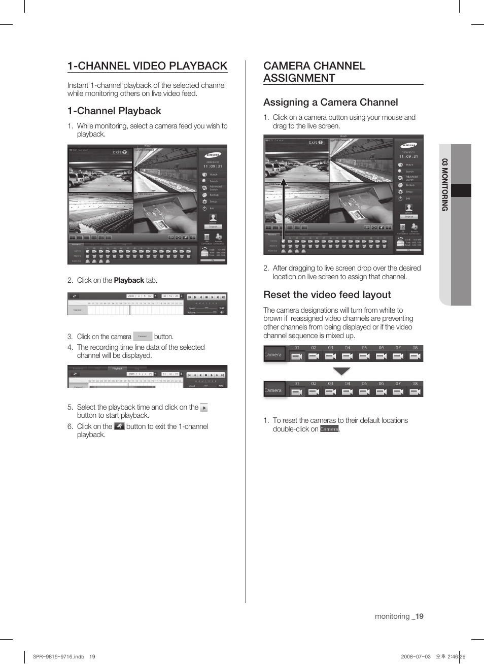 Channel video playback, Camera channel assignment, Channel playback | Assigning a camera channel, Reset the video feed layout | Samsung SHR-9716 User Manual | Page 23 / 97