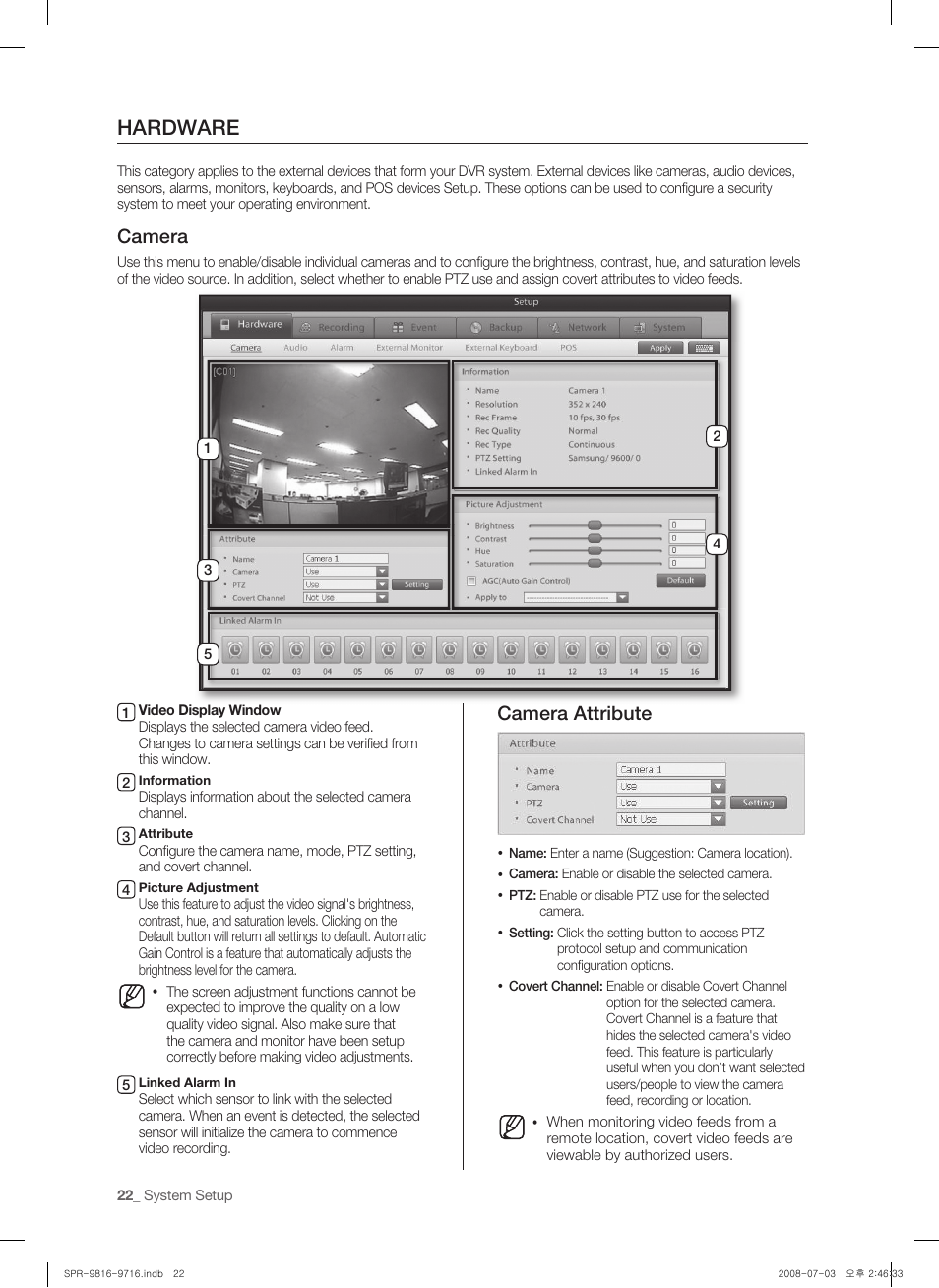 Hardware, Camera, Camera attribute | Samsung SHR-9716 User Manual | Page 26 / 97