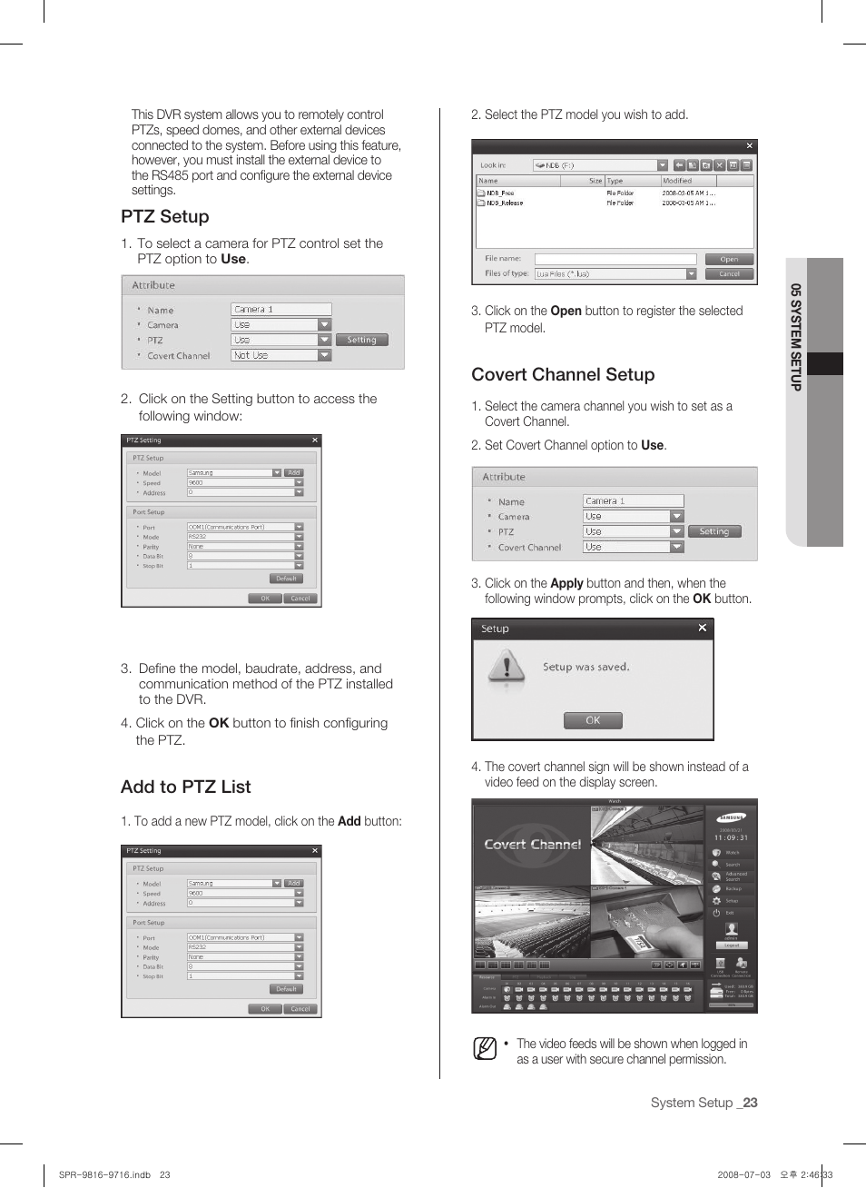 Ptz setup, Add to ptz list, Covert channel setup | Samsung SHR-9716 User Manual | Page 27 / 97