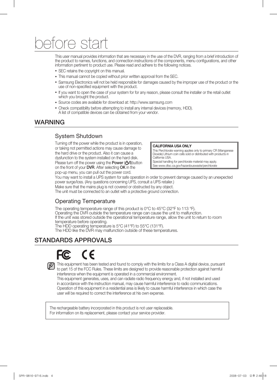 Before start, Warning, Standards approvals | System shutdown, Operating temperature | Samsung SHR-9716 User Manual | Page 4 / 97