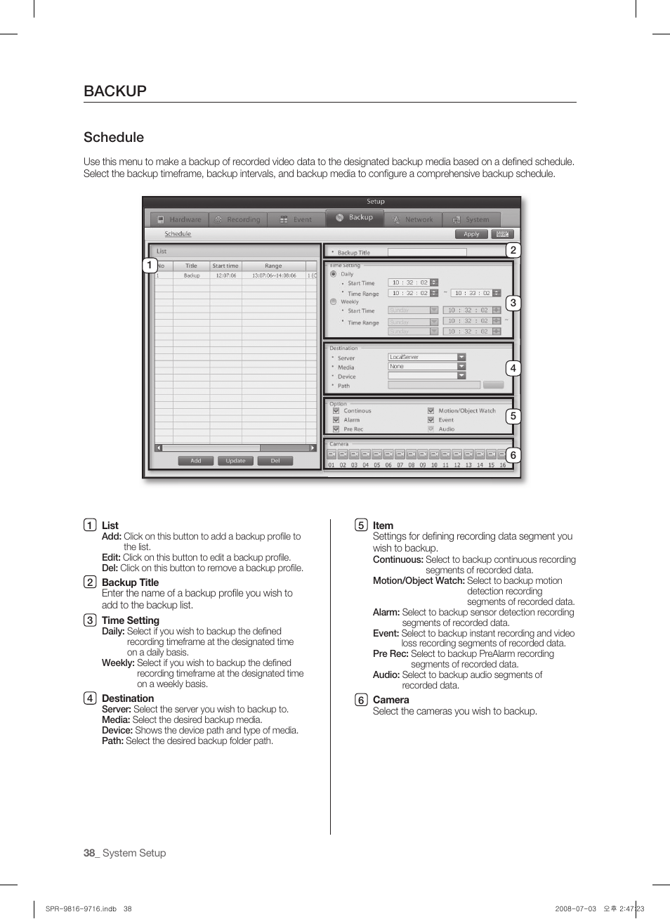 Backup, Schedule | Samsung SHR-9716 User Manual | Page 42 / 97