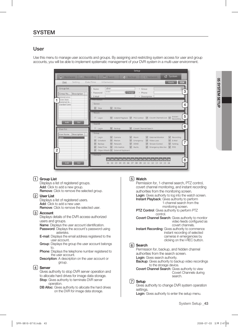 System, User | Samsung SHR-9716 User Manual | Page 47 / 97