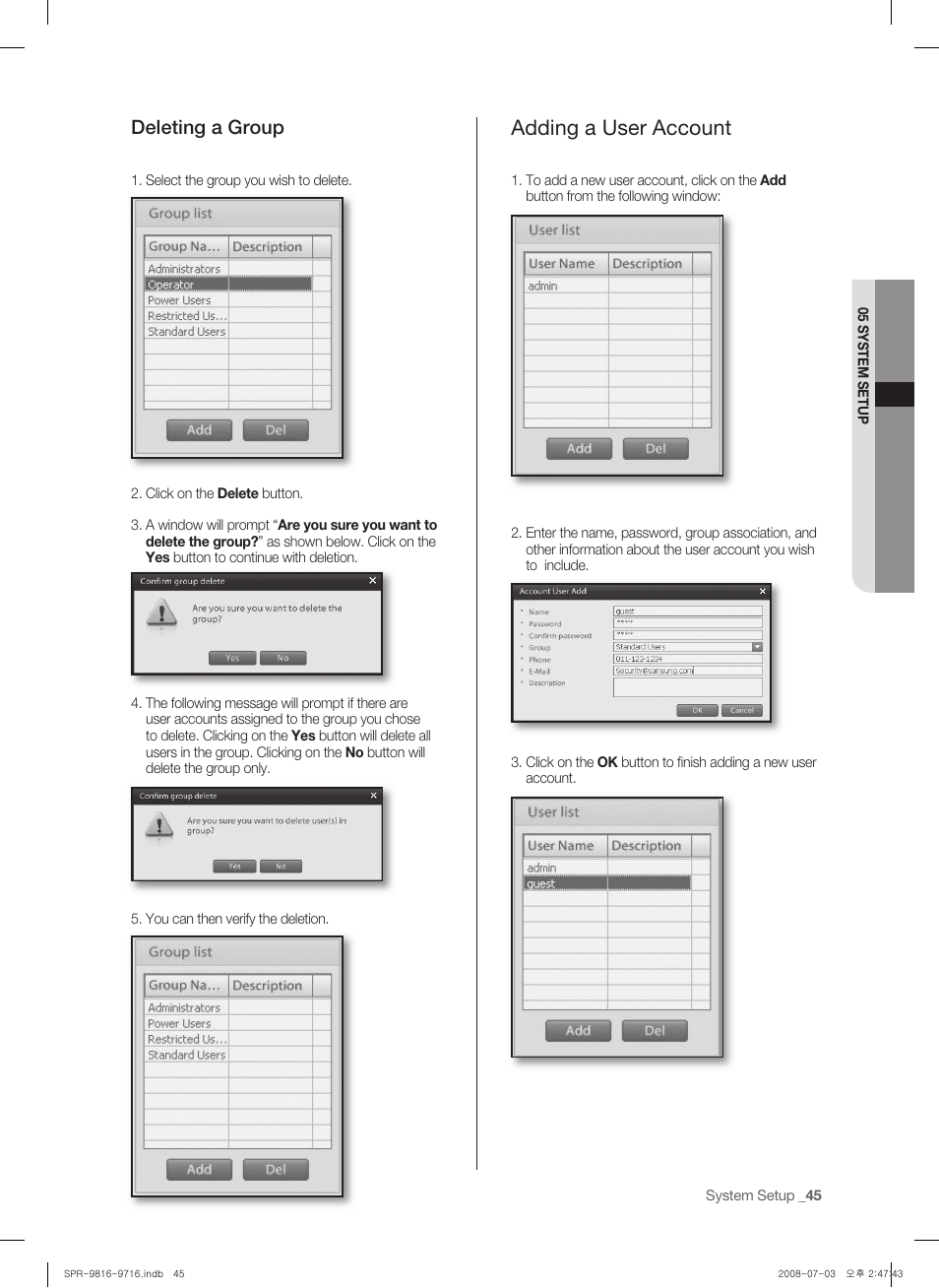 Adding a user account, Deleting a group | Samsung SHR-9716 User Manual | Page 49 / 97