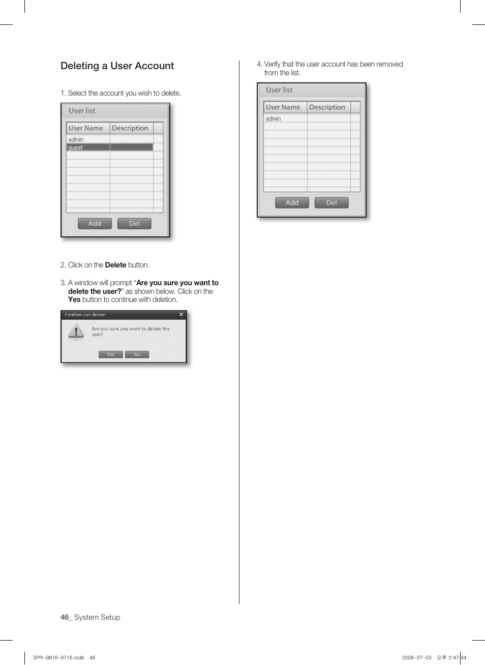 Deleting a user account | Samsung SHR-9716 User Manual | Page 50 / 97