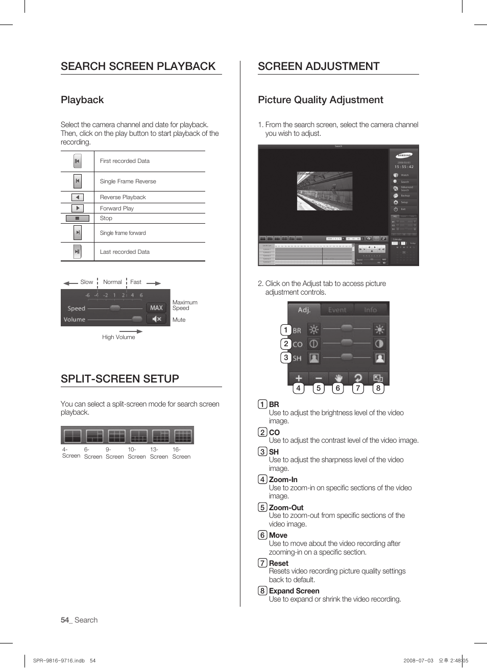Search screen playback, Split-screen setup, Screen adjustment | Playback, Picture quality adjustment | Samsung SHR-9716 User Manual | Page 58 / 97