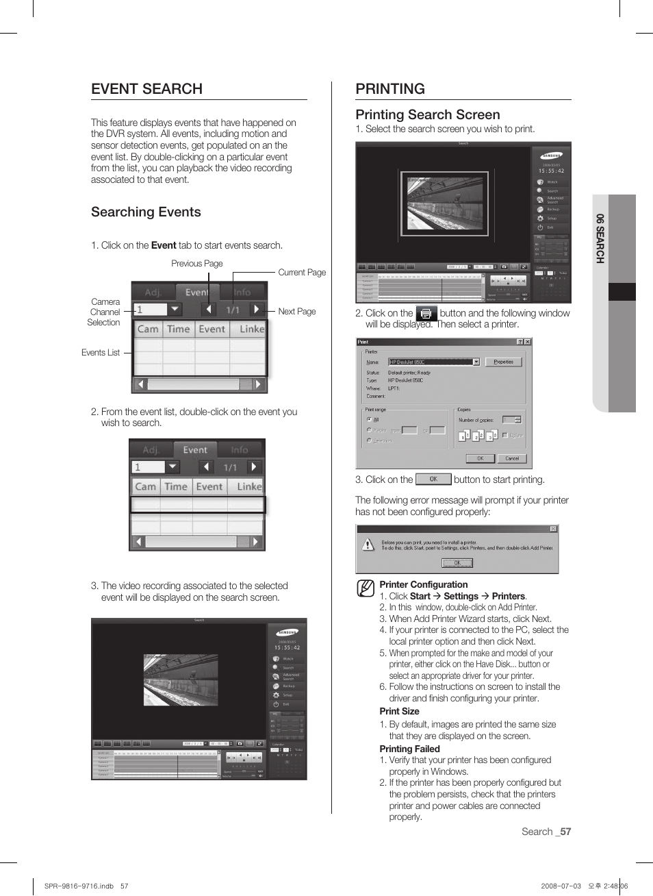 Event search, Printing, Searching events | Printing search screen | Samsung SHR-9716 User Manual | Page 61 / 97