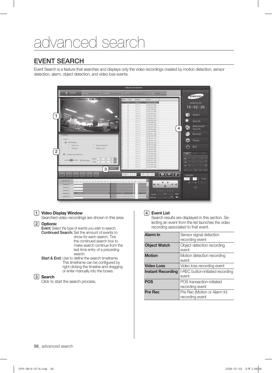 Advanced search, Event search | Samsung SHR-9716 User Manual | Page 62 / 97