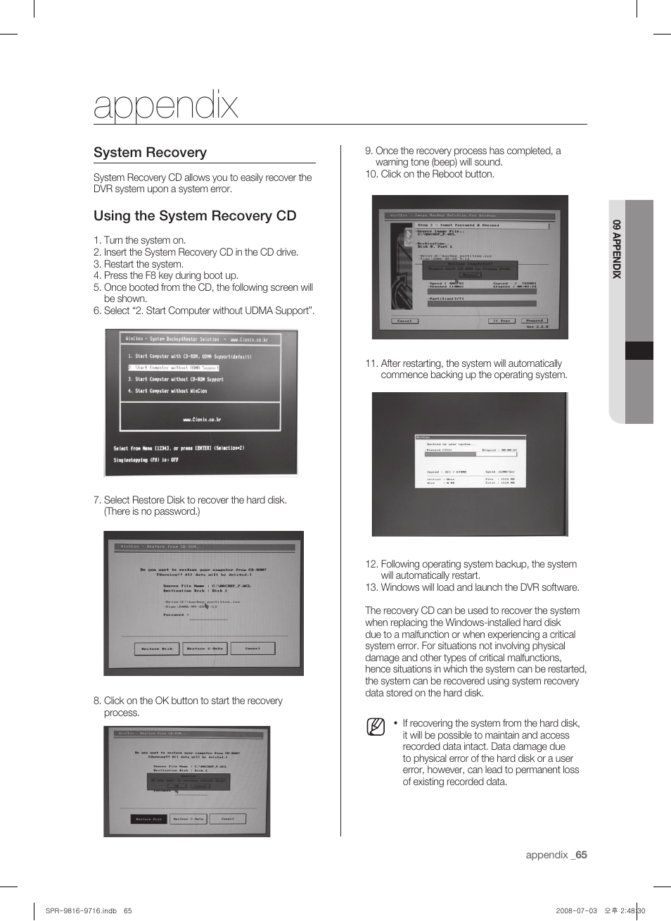 Appendix, System recovery, Using the system recovery cd | Samsung SHR-9716 User Manual | Page 69 / 97