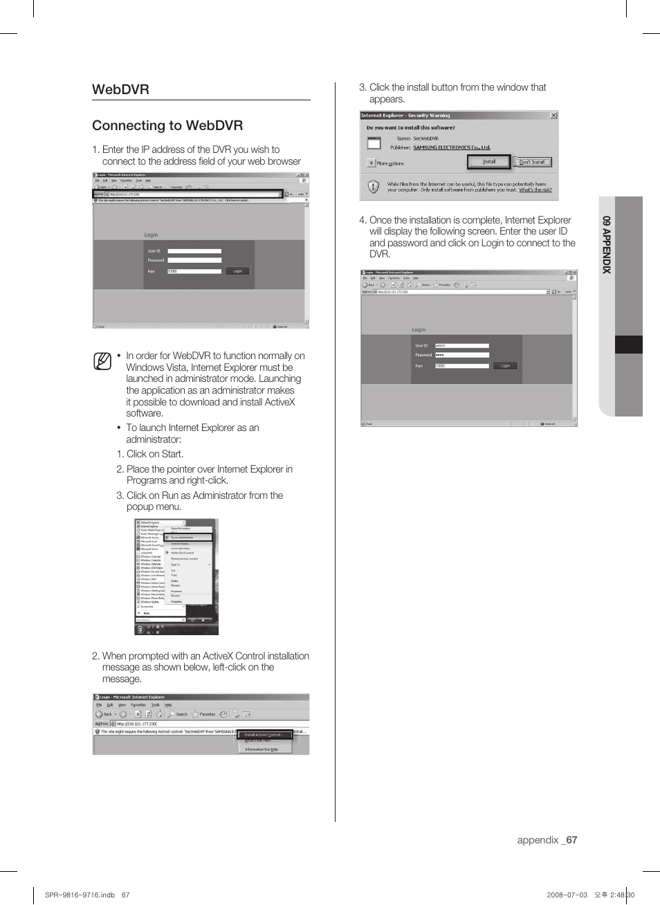 Webdvr connecting to webdvr | Samsung SHR-9716 User Manual | Page 71 / 97