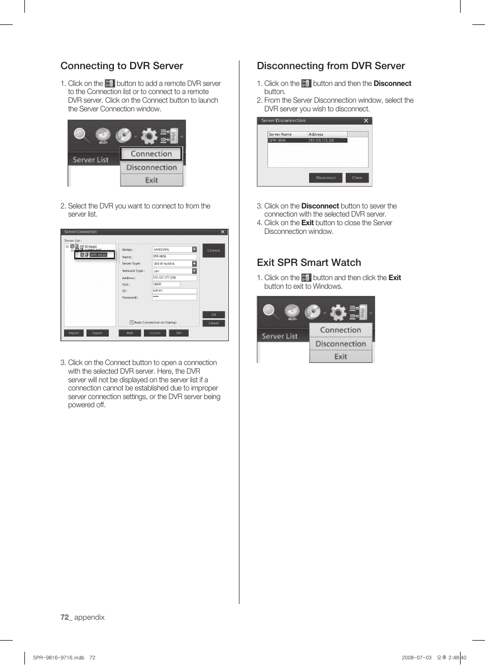 Connecting to dvr server, Disconnecting from dvr server, Exit spr smart watch | Samsung SHR-9716 User Manual | Page 76 / 97