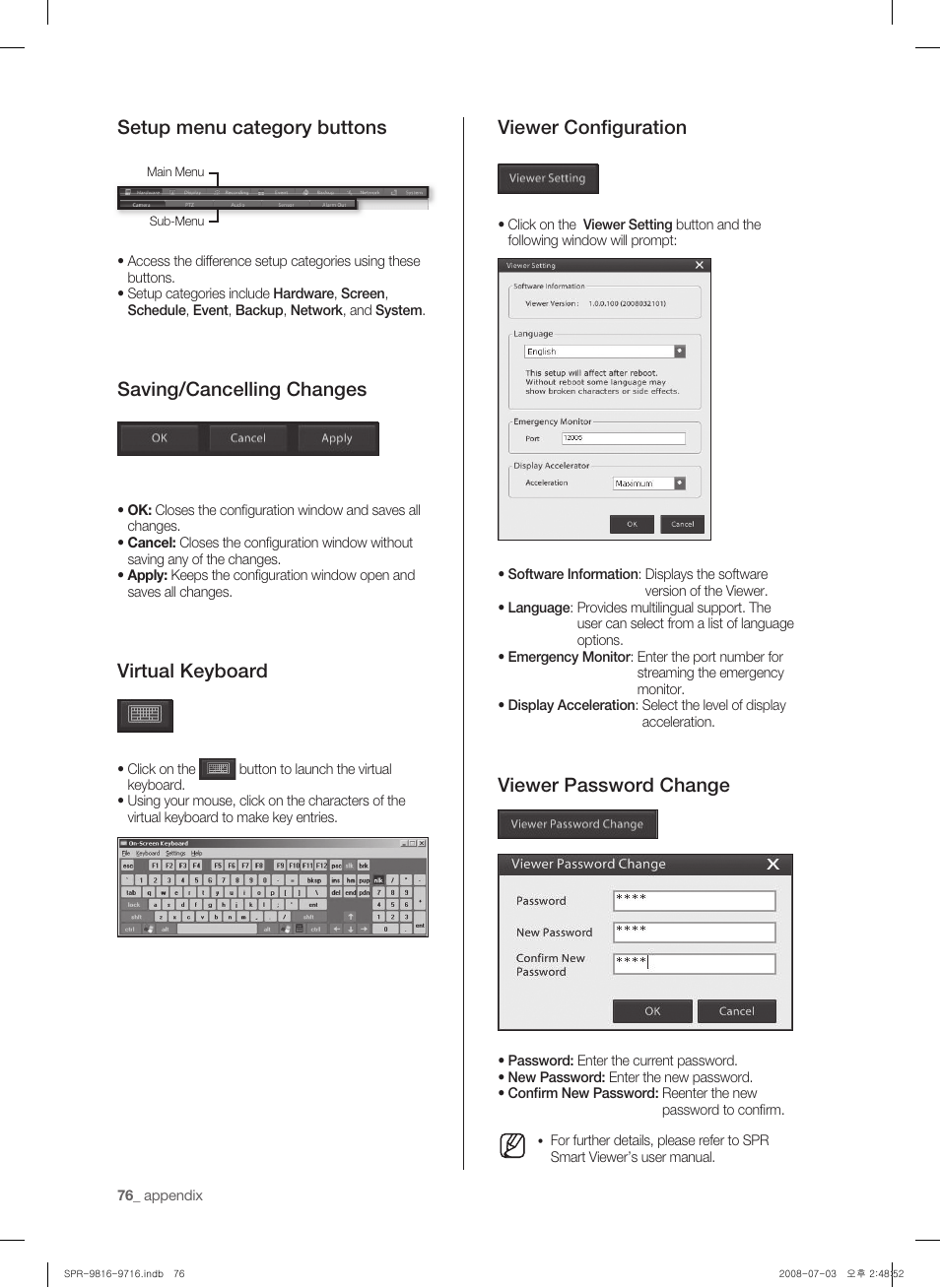 Setup menu category buttons, Saving/cancelling changes, Virtual keyboard | Viewer confi guration, Viewer password change | Samsung SHR-9716 User Manual | Page 80 / 97