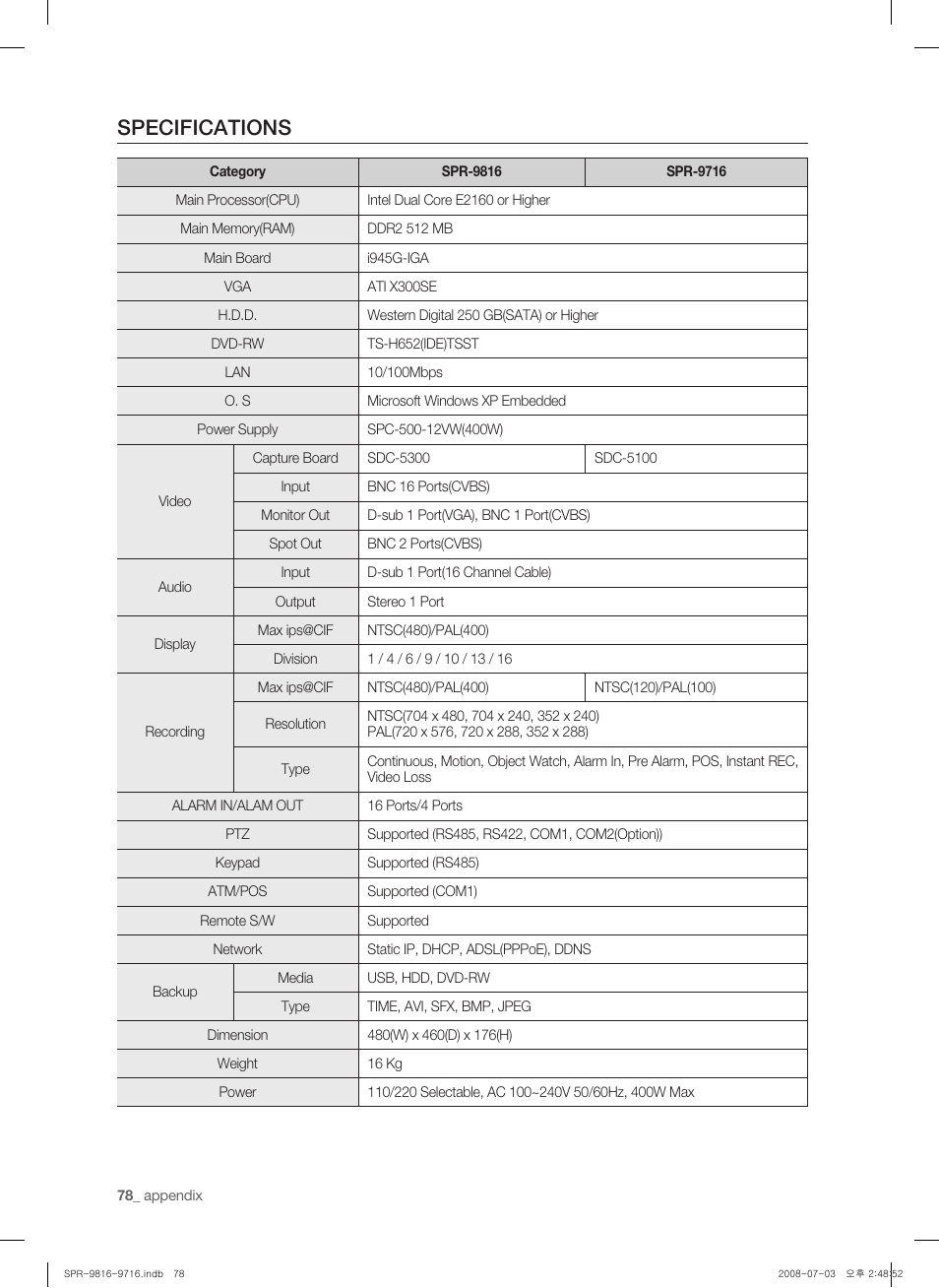 Specifications | Samsung SHR-9716 User Manual | Page 82 / 97