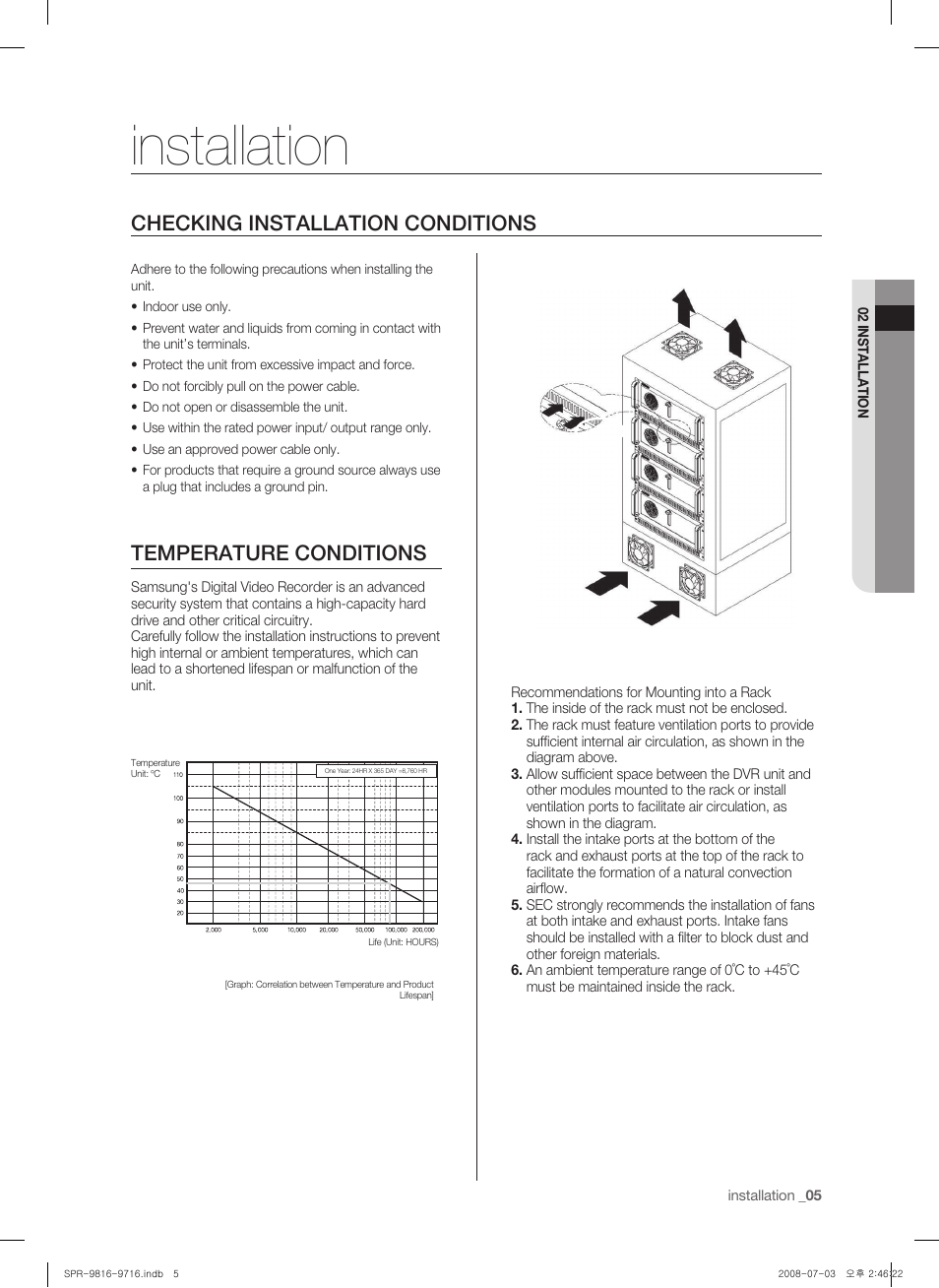 Installation, Checking installation conditions, Temperature conditions | Samsung SHR-9716 User Manual | Page 9 / 97