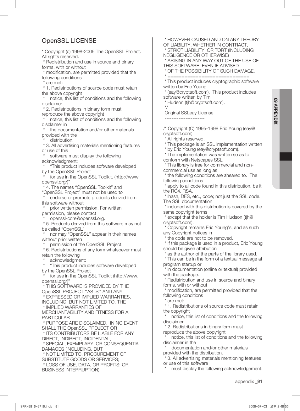 Openssl license | Samsung SHR-9716 User Manual | Page 95 / 97