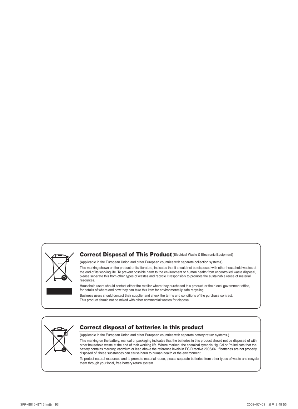 Correct disposal of this product, Correct disposal of batteries in this product | Samsung SHR-9716 User Manual | Page 97 / 97
