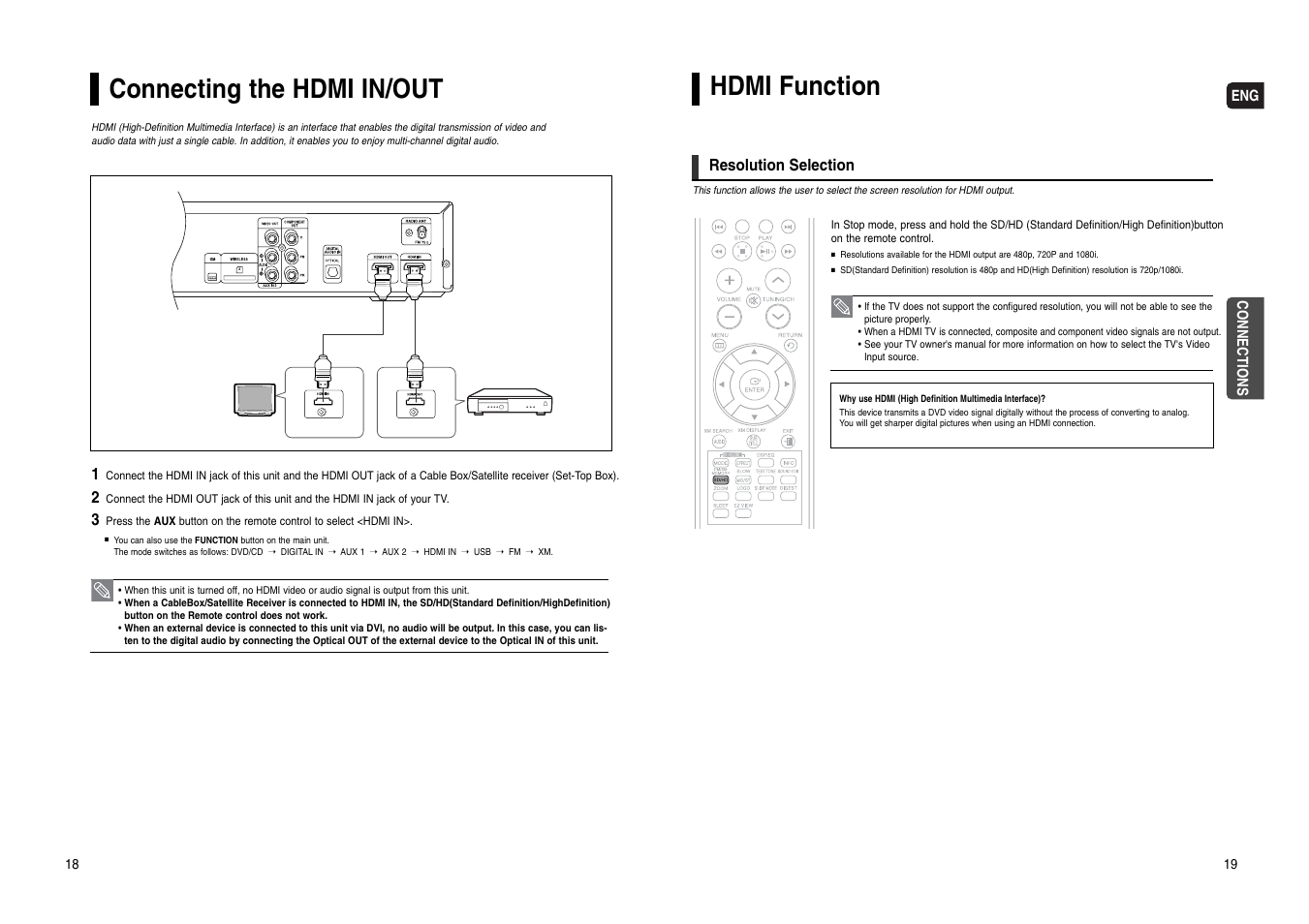 Connecting the hdmi in/out, Hdmi function | Samsung HT-WX70 User Manual | Page 10 / 37