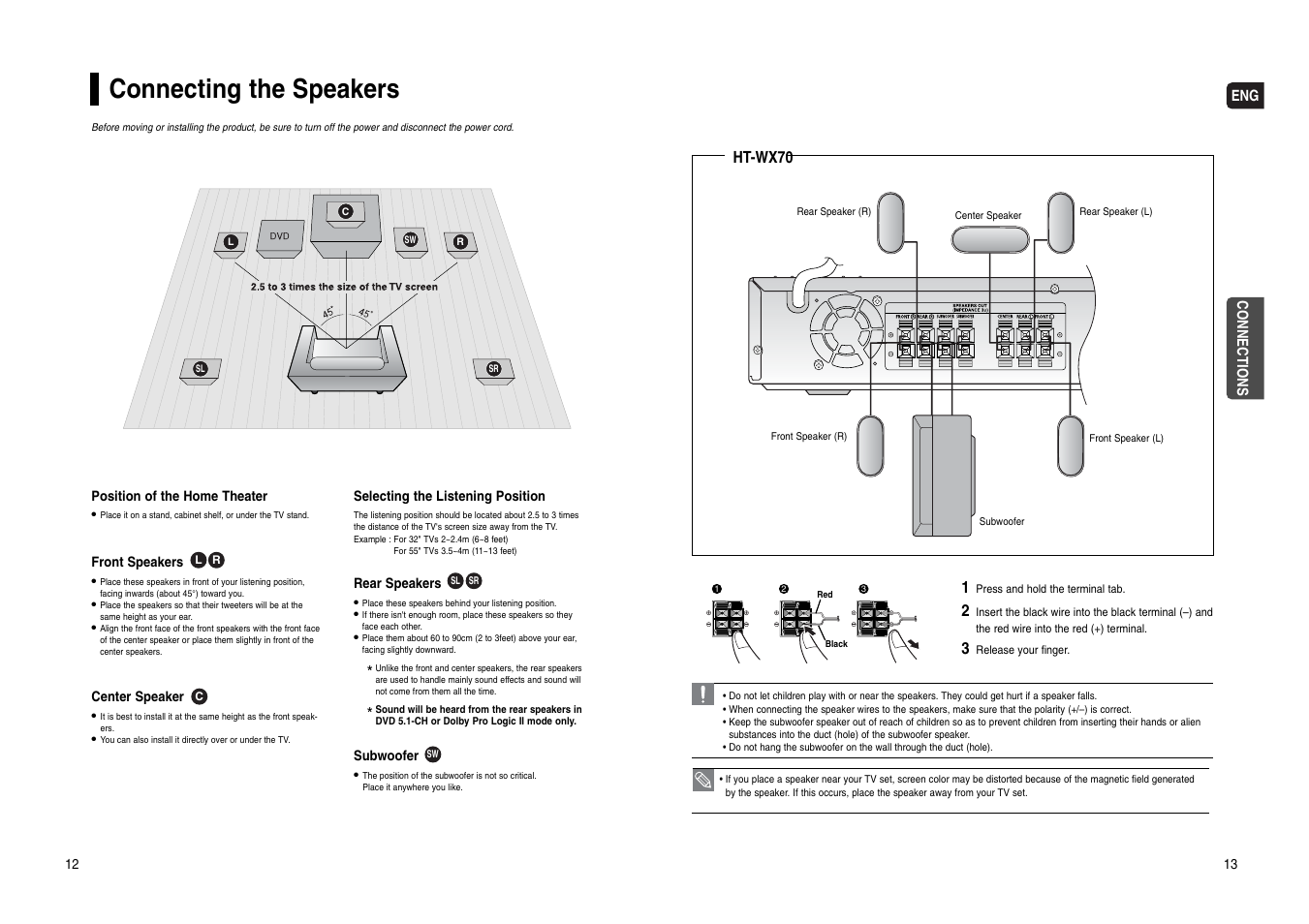 Connections, Connecting the speakers | Samsung HT-WX70 User Manual | Page 7 / 37