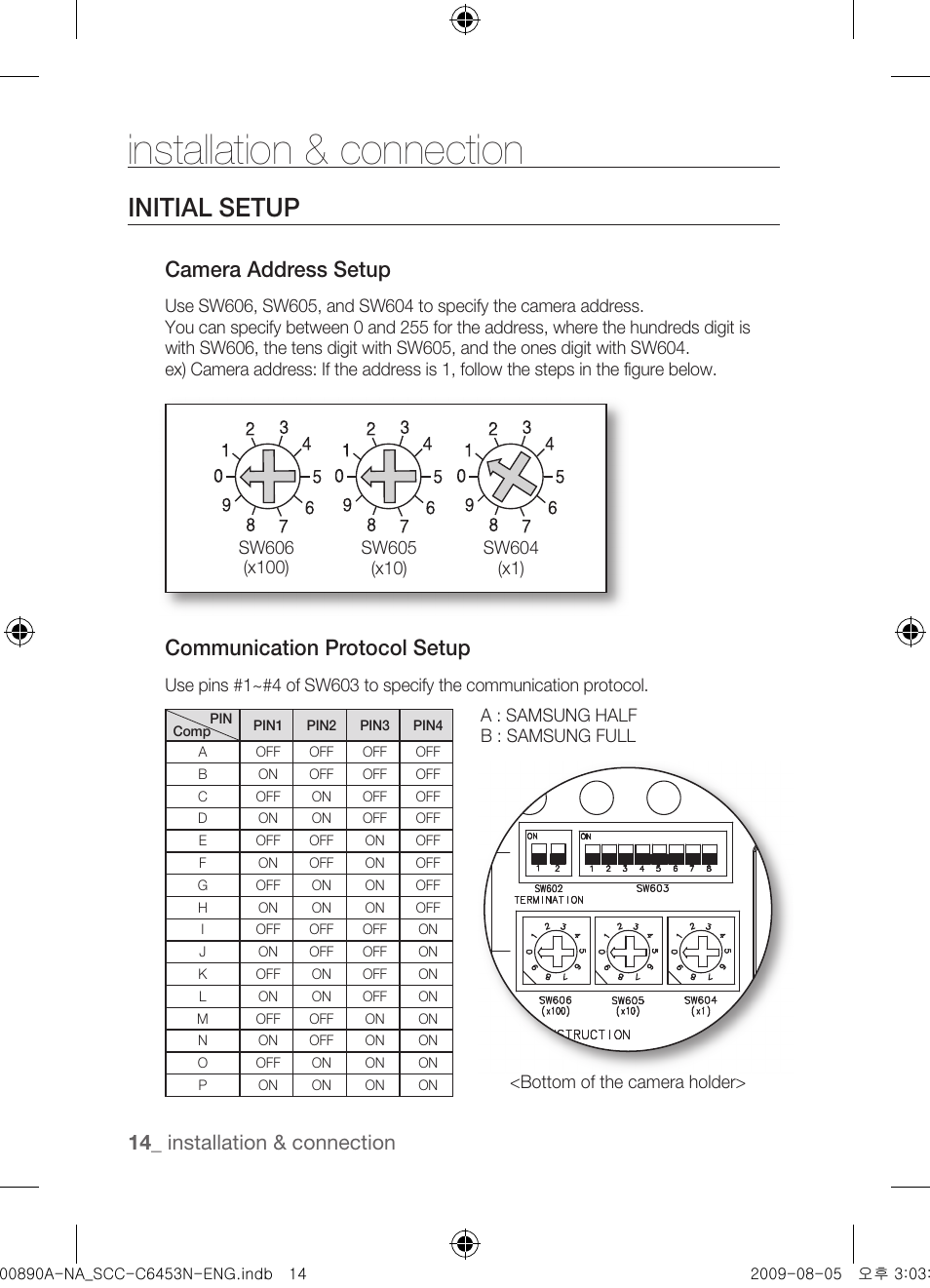 Installation & connection, Initial setup, Camera address setup | Communication protocol setup, 1_ installation & connection | Samsung SCC-C6453N User Manual | Page 14 / 52