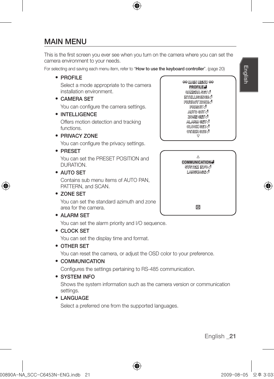 Main menu, English _1 | Samsung SCC-C6453N User Manual | Page 21 / 52