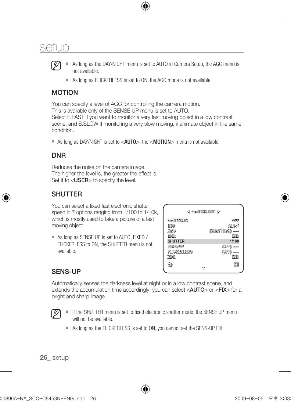 Setup, Motion, Shutter | Sens-up | Samsung SCC-C6453N User Manual | Page 26 / 52