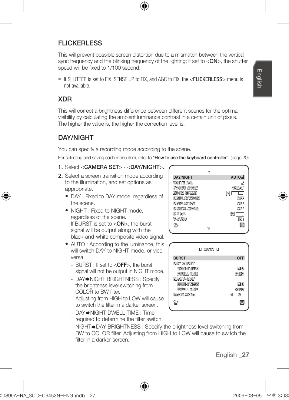 Flickerless, Day/night, English | Samsung SCC-C6453N User Manual | Page 27 / 52