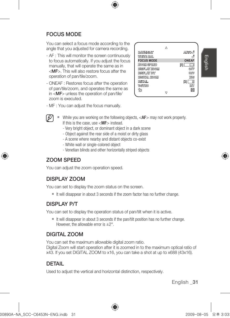 Focus mode, Zoom speed, Display zoom | Display p/t, Digital zoom, Detail, English _1 | Samsung SCC-C6453N User Manual | Page 31 / 52