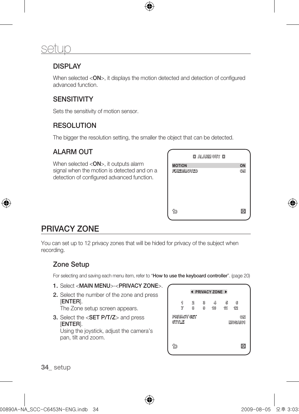 Privacy zone, Display, Sensitivity | Resolution, Alarm out, Zone setup, Setup | Samsung SCC-C6453N User Manual | Page 34 / 52