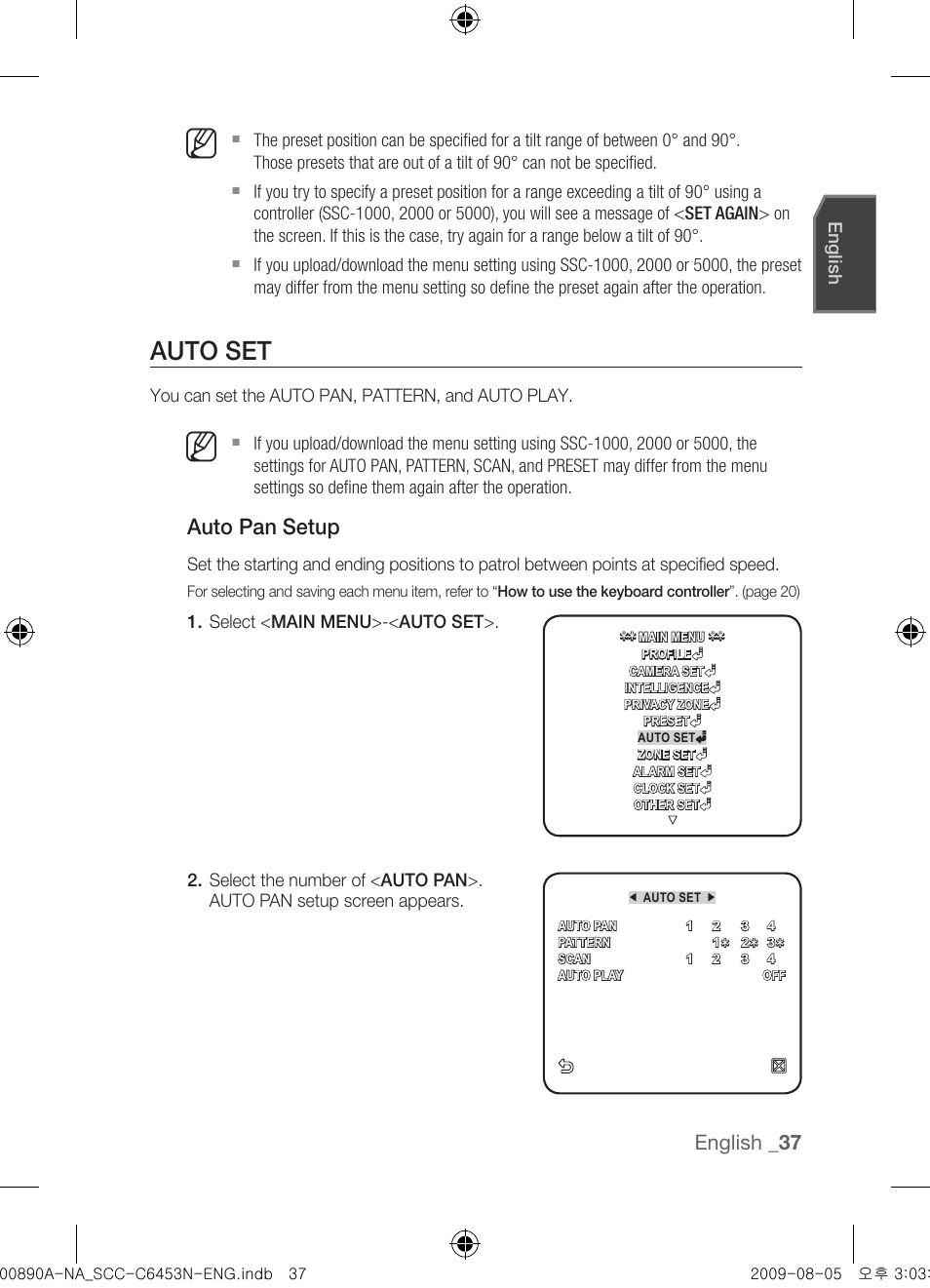 Auto set, Auto pan setup, English | Samsung SCC-C6453N User Manual | Page 37 / 52