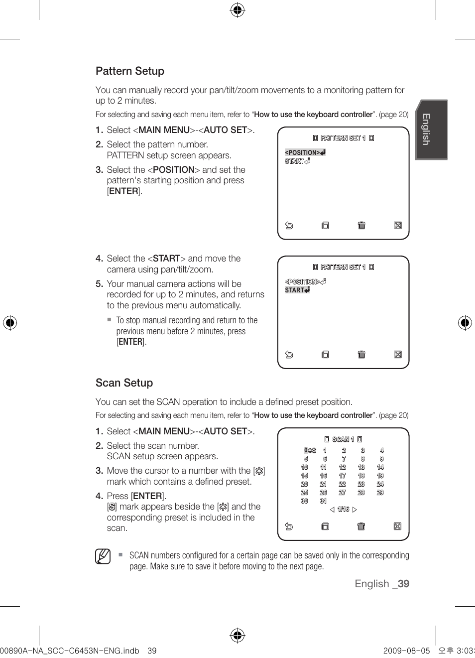 Pattern setup, Scan setup, English | Samsung SCC-C6453N User Manual | Page 39 / 52