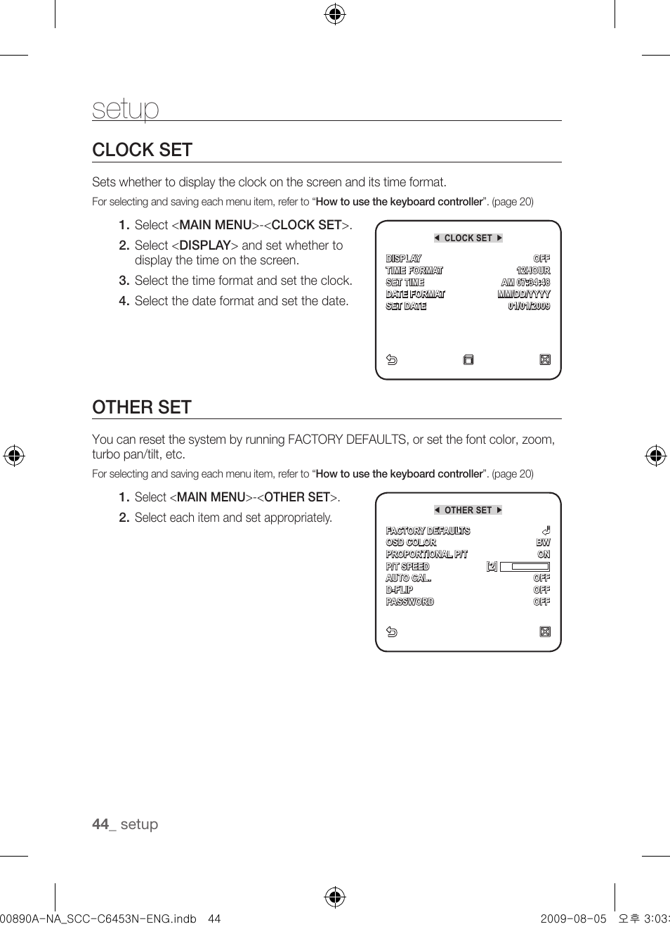 Clock set, Other set, Setup | Samsung SCC-C6453N User Manual | Page 44 / 52