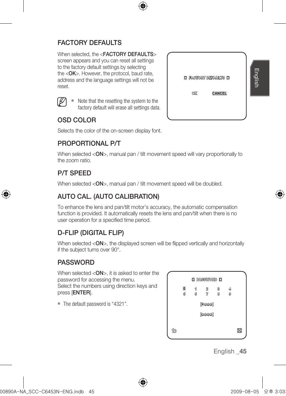 Factory defaults, Osd color, Proportional p/t | P/t speed, Auto cal. (auto calibration), D-flip (digital flip), Password, English | Samsung SCC-C6453N User Manual | Page 45 / 52