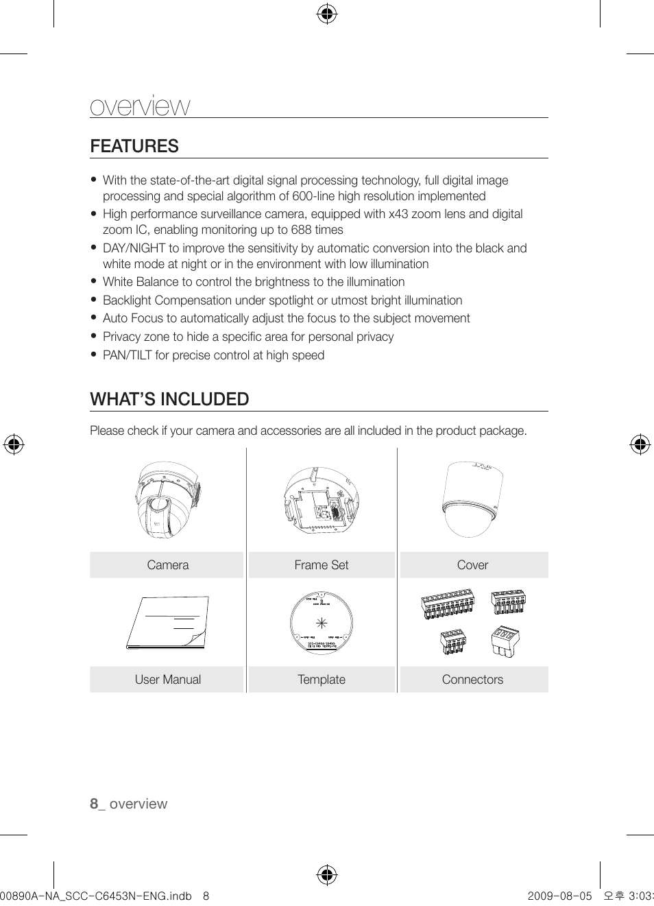 Overview, Features, What’s included | Samsung SCC-C6453N User Manual | Page 8 / 52