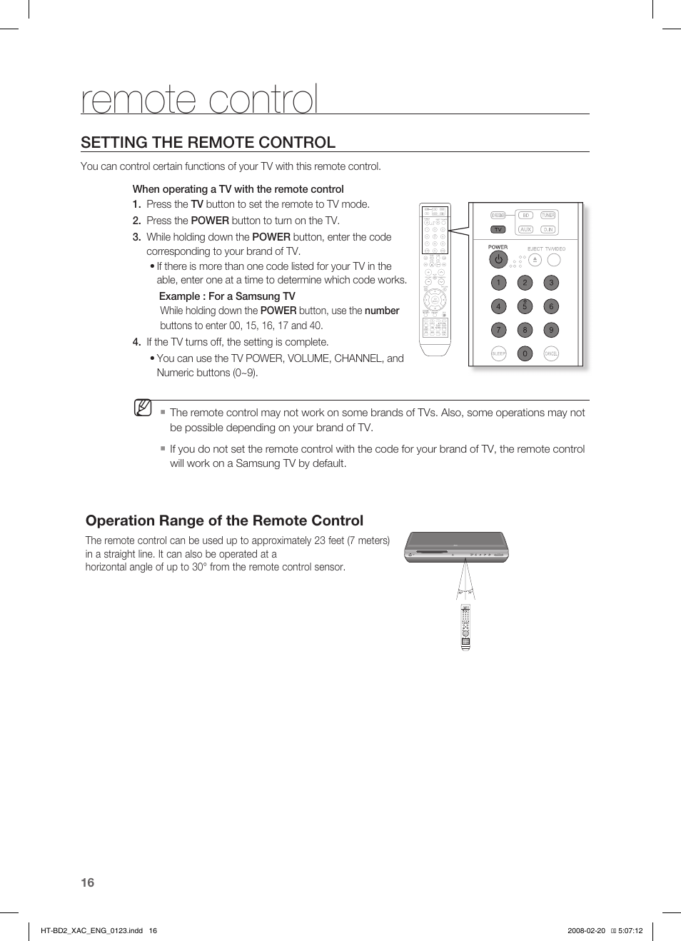Setting the remote control, Operation range of the remote control, Remote control | Samsung AH68-02019S User Manual | Page 17 / 72
