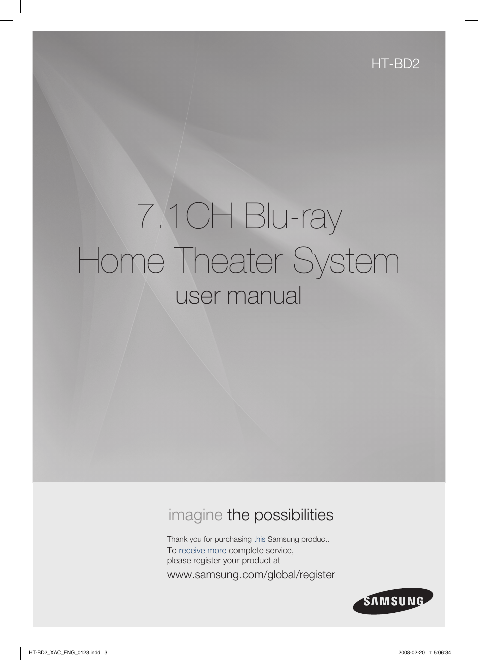 1ch blu-ray home theater system, User manual, Imagine the possibilities | Samsung AH68-02019S User Manual | Page 2 / 72