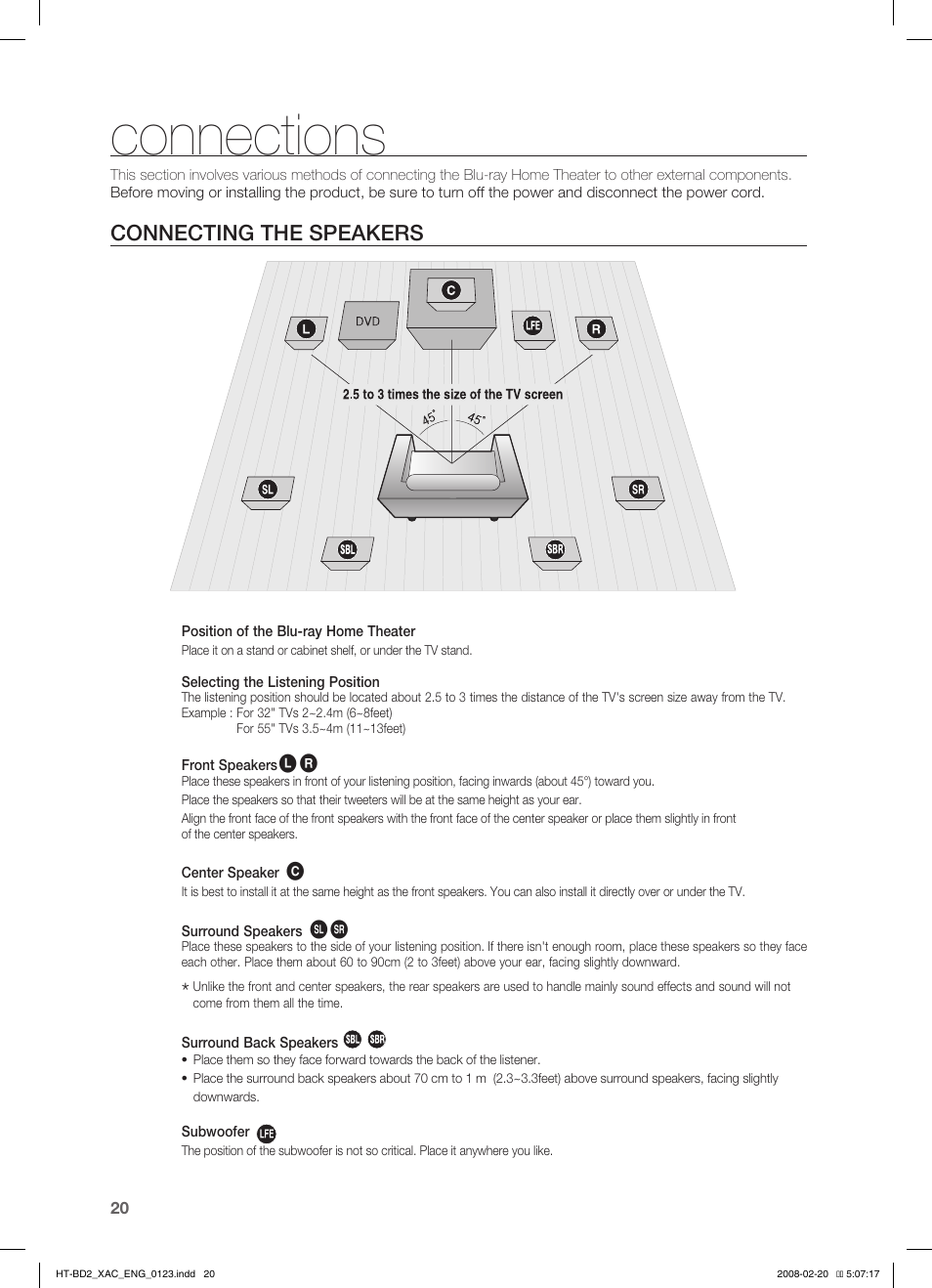 Connecting the speakers, Connections | Samsung AH68-02019S User Manual | Page 21 / 72