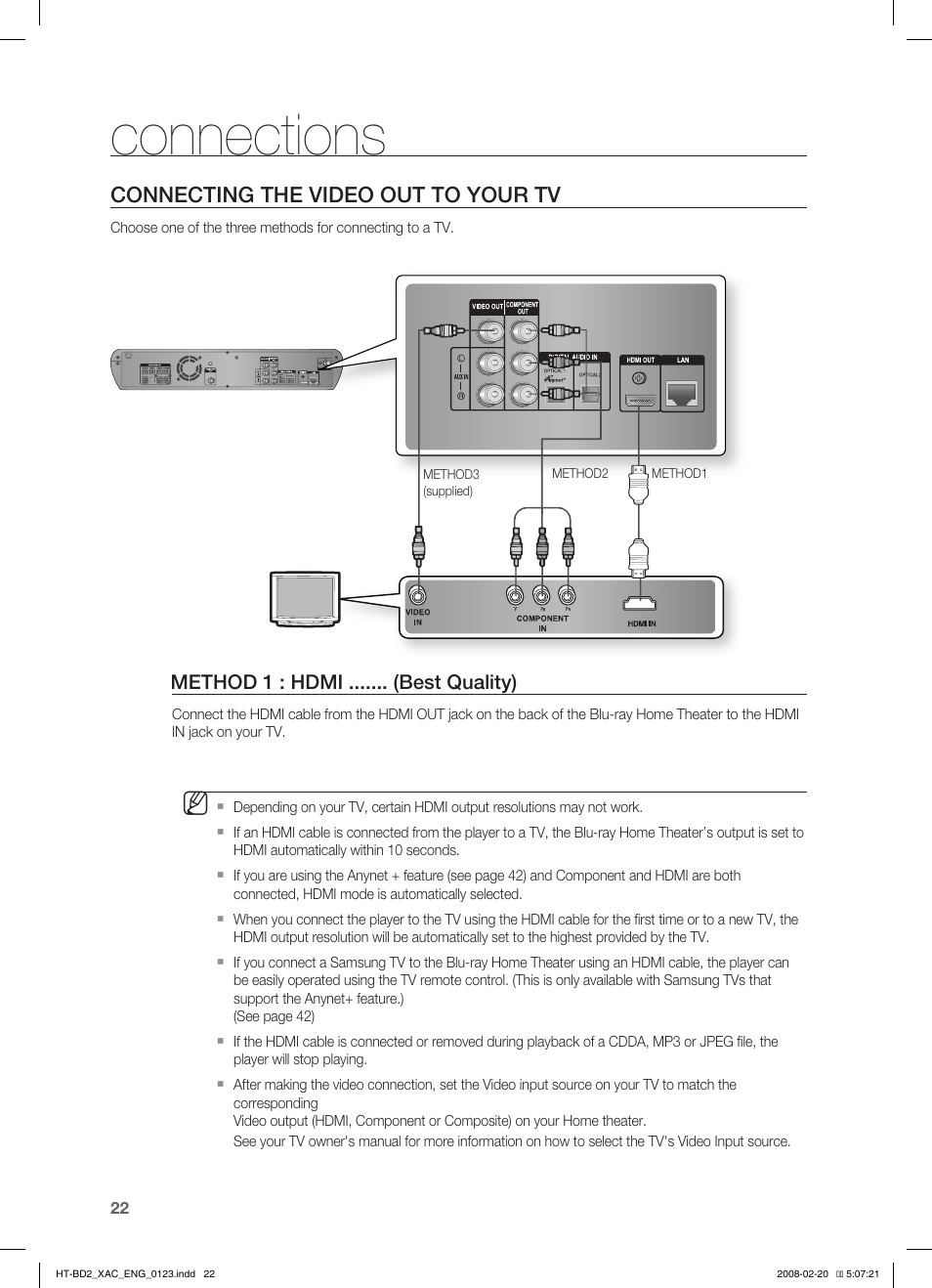 Connecting the video out to your tv, Connections | Samsung AH68-02019S User Manual | Page 23 / 72
