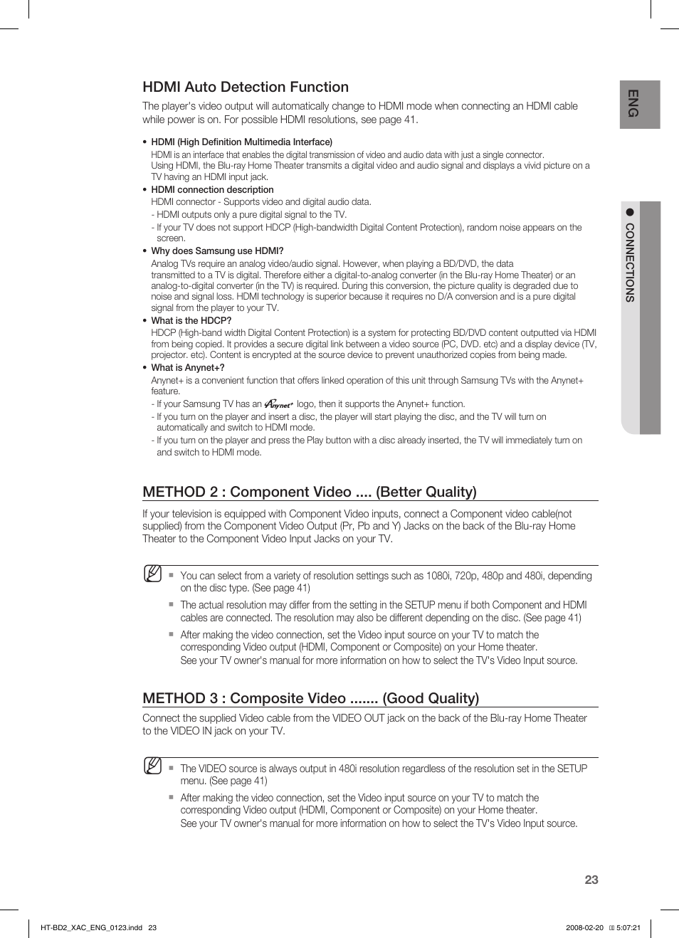 Hdmi auto detection function, Method 2 : component video .... (better quality), Method 3 : composite video ....... (good quality) | Samsung AH68-02019S User Manual | Page 24 / 72