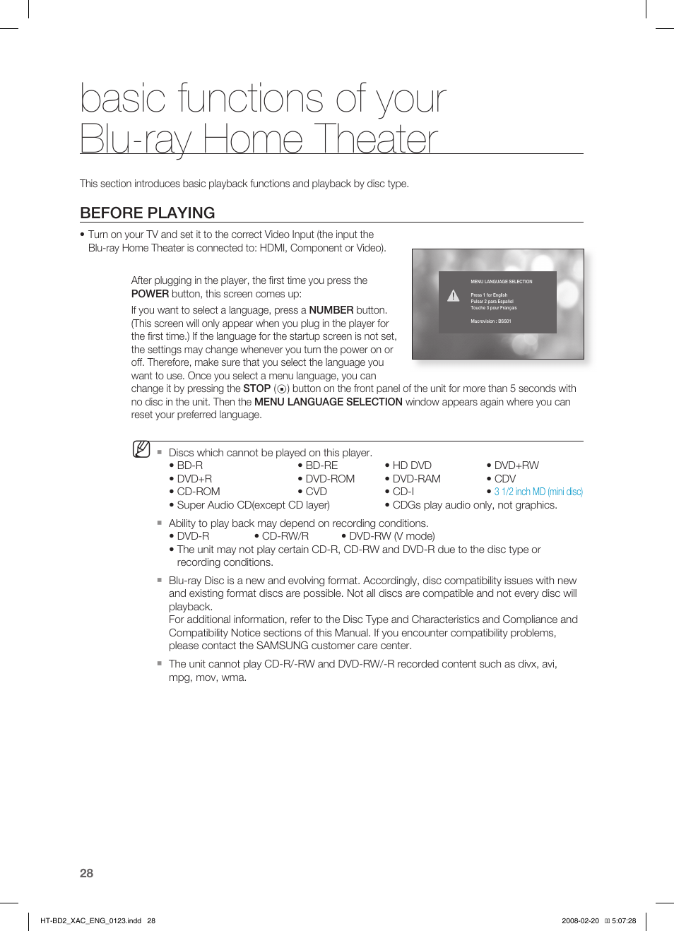 Basic functions of yourblu-ray home theater, Before playing, Basic functions of your blu-ray home theater | Samsung AH68-02019S User Manual | Page 29 / 72