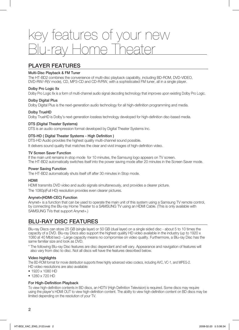 Key features of your newblu-ray home theater, Key features of your new blu-ray home theater, Player features | Blu-ray disc features | Samsung AH68-02019S User Manual | Page 3 / 72